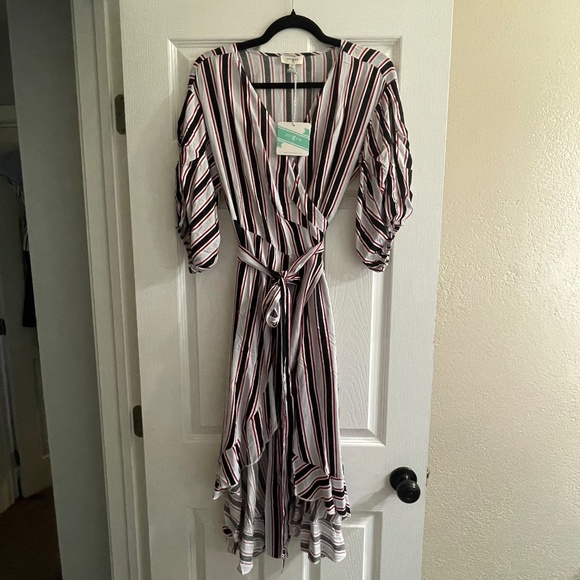 Umgee Dresses & Skirts - Umgee Multicolored Striped Wrap Tie Ruffle Midi Dress